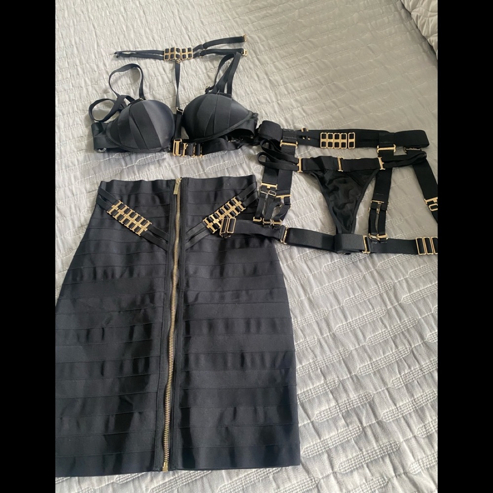 Honey Birdette Bra, Skirt, Garter and Thong